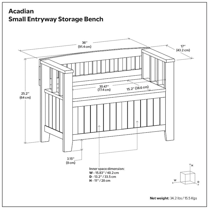 Banc de rangement transitionnel en bois massif de 36 po de largeur pour petite entrée - 36 pouces de large