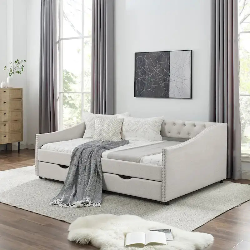 Full Size Linen Upholstered Daybed Frame with 2 Drawers & Tufted Backrest