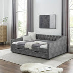 Cadre de lit de repos double en lin rembourré avec 2 tiroirs et dossier capitonné