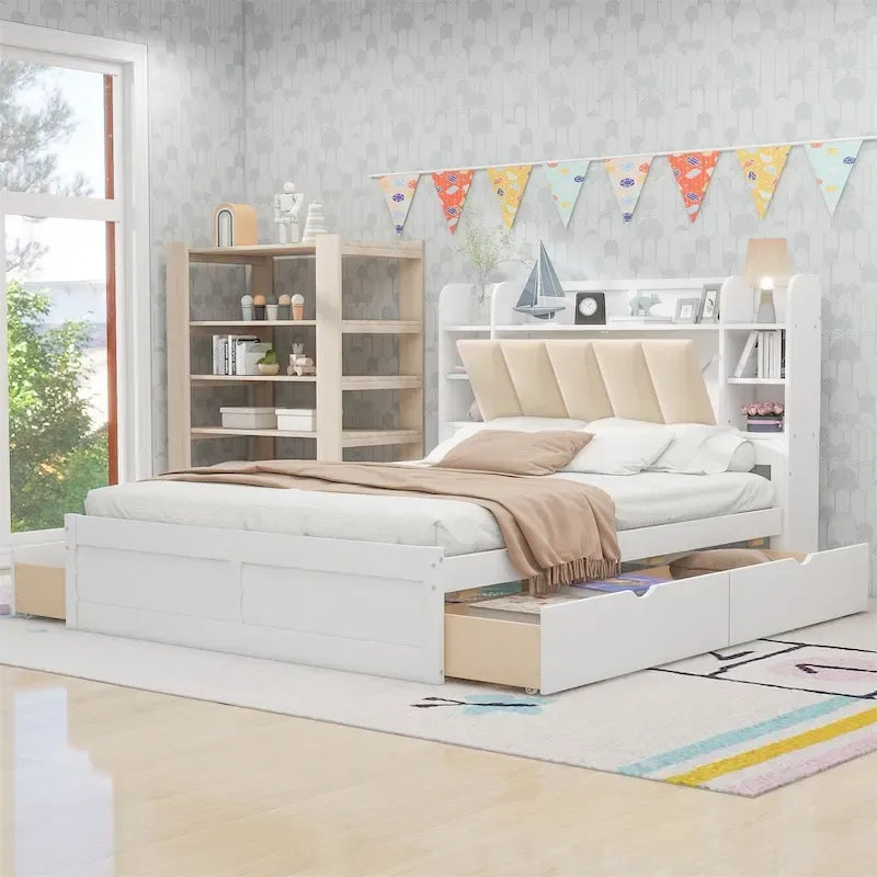 Lit plateforme avec tête de lit de rangement