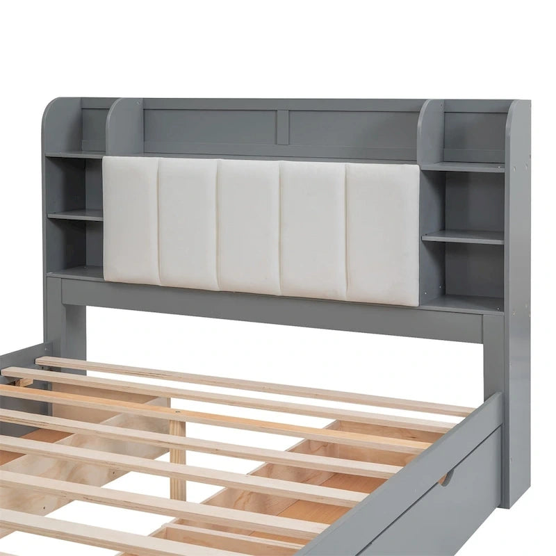 Lit plateforme avec tête de lit de rangement