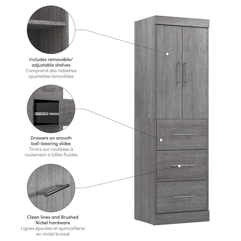 Armoire 25" avec portes et tiroirs | Blanc / Antigua / Gris écorce | Assemblage par 2 personnes