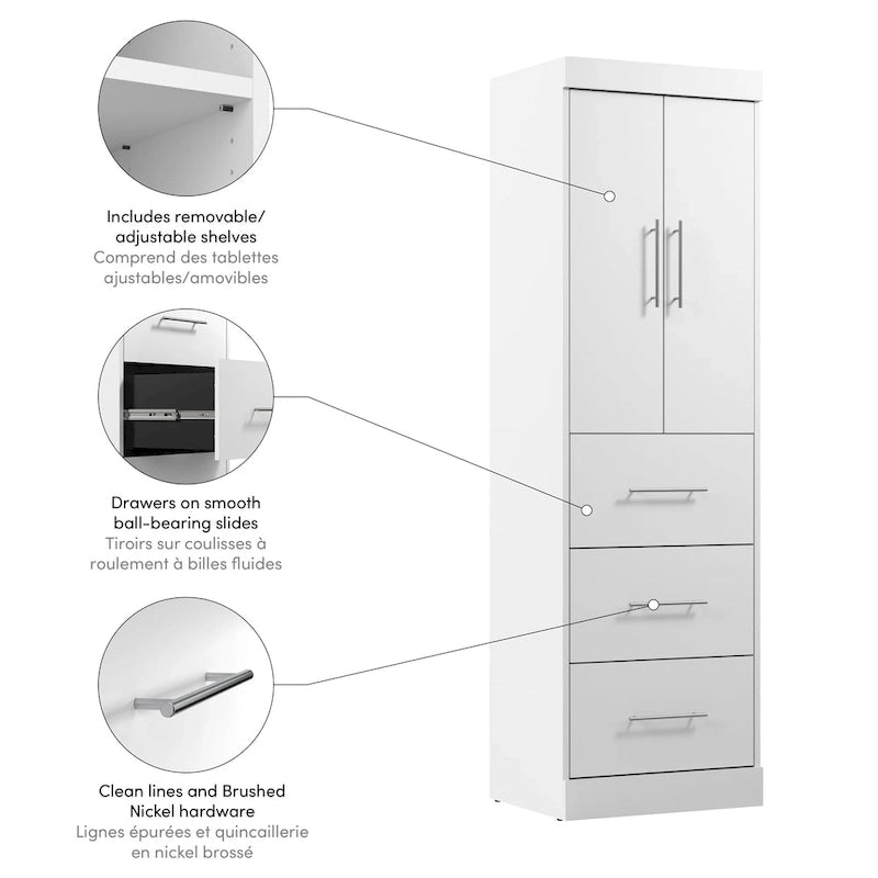 Armoire 25" avec portes et tiroirs | Blanc / Antigua / Gris écorce | Assemblage par 2 personnes