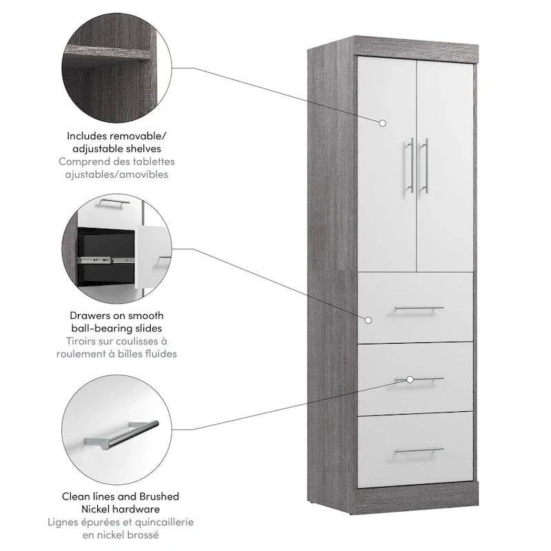 Armoire 25" avec portes et tiroirs | Blanc / Antigua / Gris écorce | Assemblage par 2 personnes