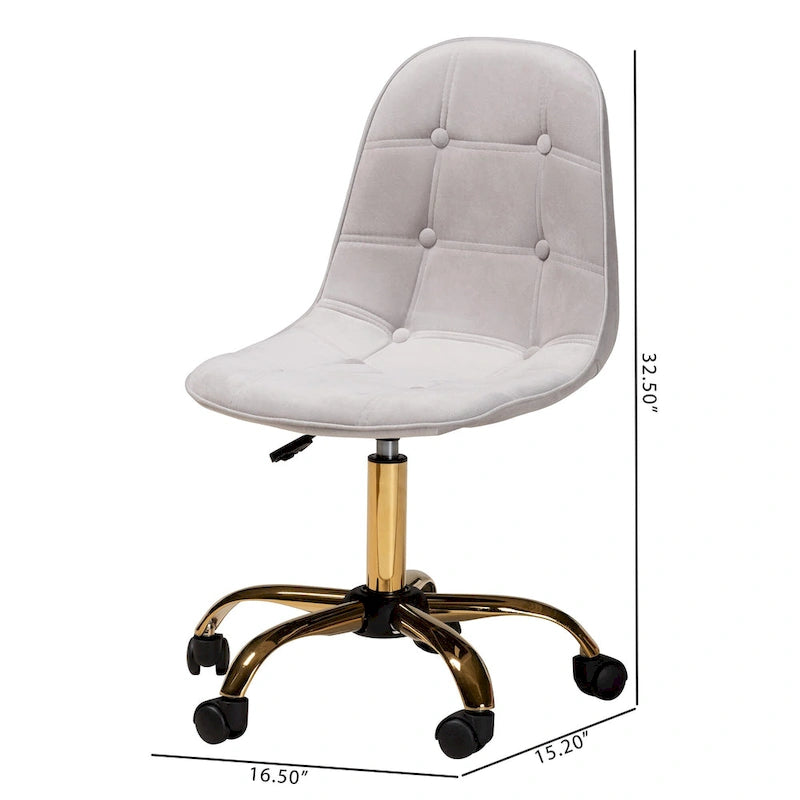 Chaise de bureau pivotante contemporaine en velours glamour et chic et métal doré