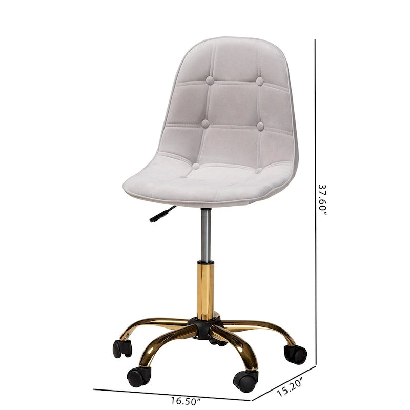 Chaise de bureau pivotante contemporaine en velours glamour et chic et métal doré