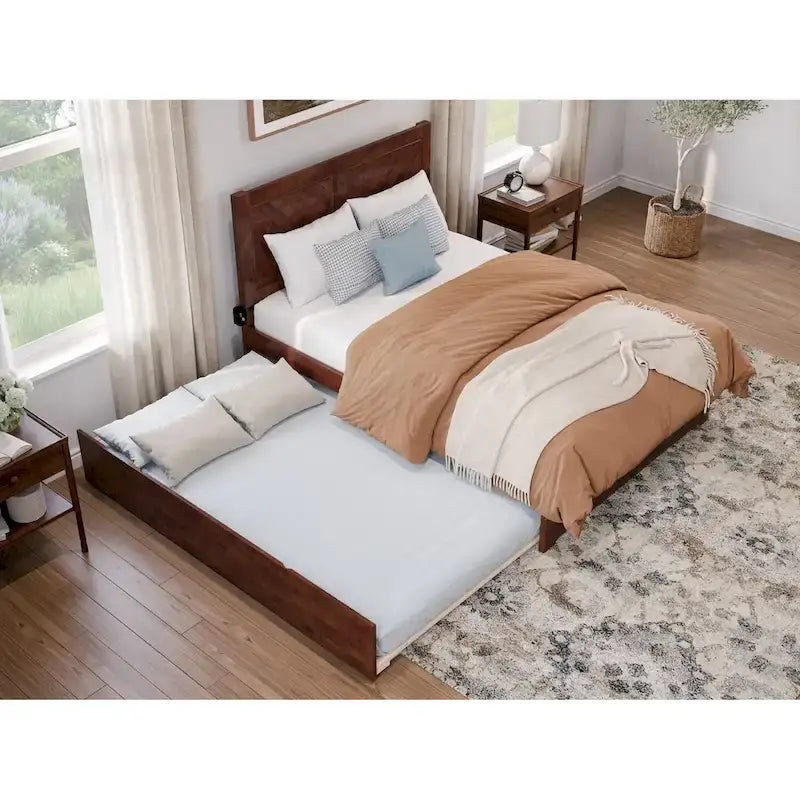 Lit plateforme double avec pied de lit assorti et lit gigogne double