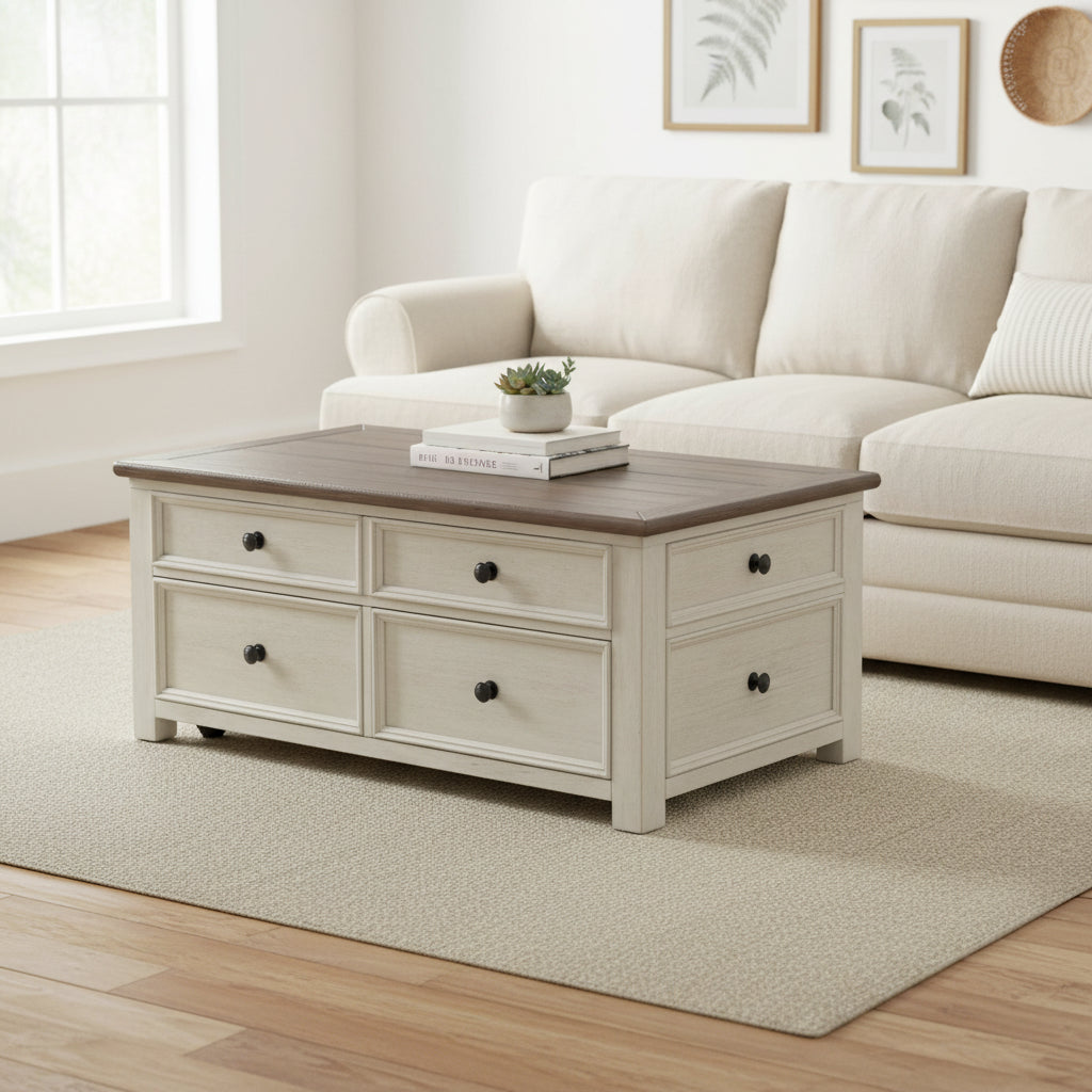 Table basse bicolore avec plateau relevable
