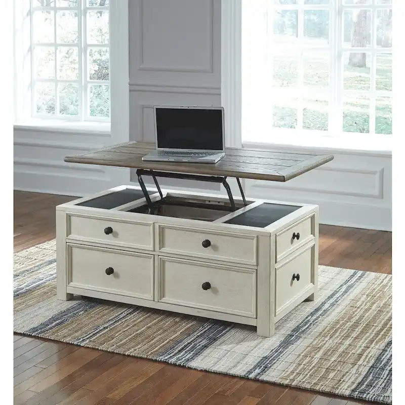Table basse bicolore avec plateau relevable