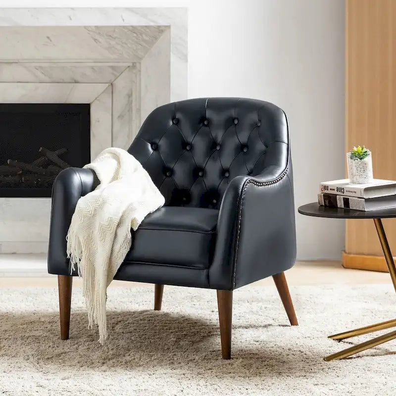 Fauteuil Club en Cuir Véritable Classique avec Pieds en Bois et Dossier Capitonnée
