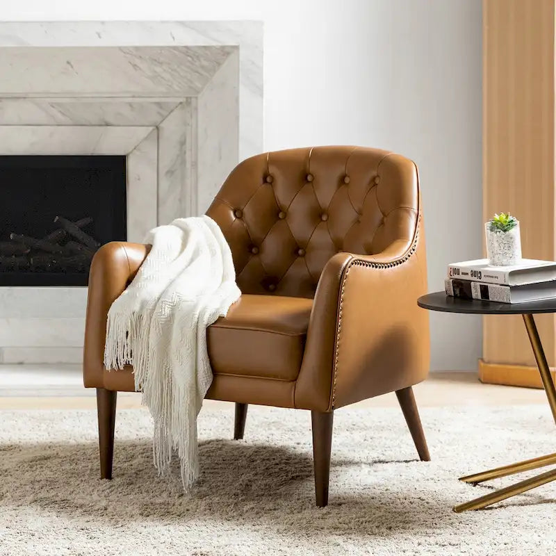 Fauteuil Club en Cuir Véritable Classique avec Pieds en Bois et Dossier Capitonnée
