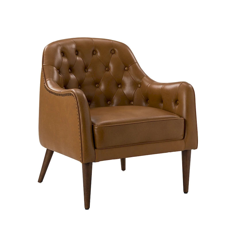 Fauteuil Club en Cuir Véritable Classique avec Pieds en Bois et Dossier Capitonnée