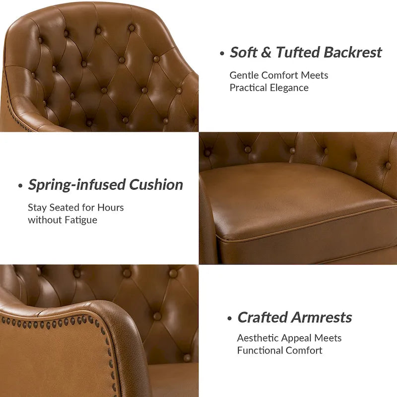 Fauteuil Club en Cuir Véritable Classique avec Pieds en Bois et Dossier Capitonnée