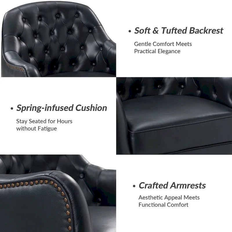 Fauteuil Club en Cuir Véritable Classique avec Pieds en Bois et Dossier Capitonnée