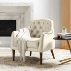 Fauteuil Club en Cuir Véritable Classique avec Pieds en Bois et Dossier Capitonnée