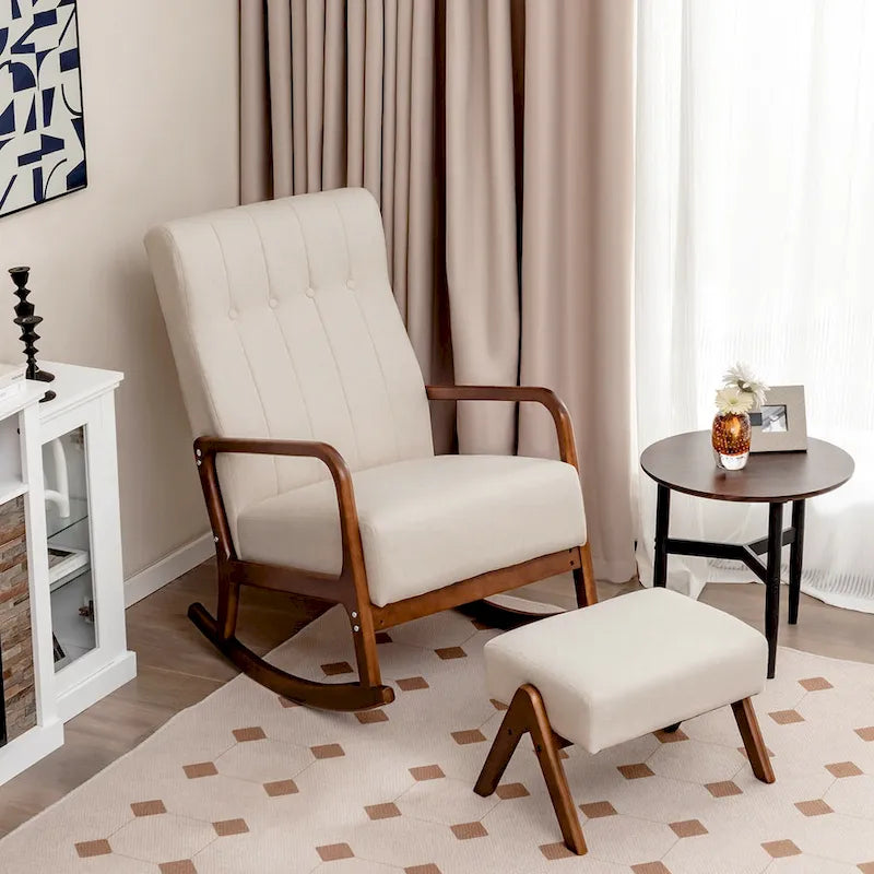 Fauteuil à bascule avec pouf en tissu rembourré planeur à bascule