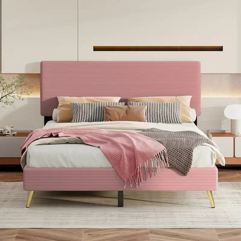 Cadre de lit plateforme Queen en bois avec tête de lit à rayures horizontales, sommier tapissier avec lattes en bois, aucun sommier tapissier requis