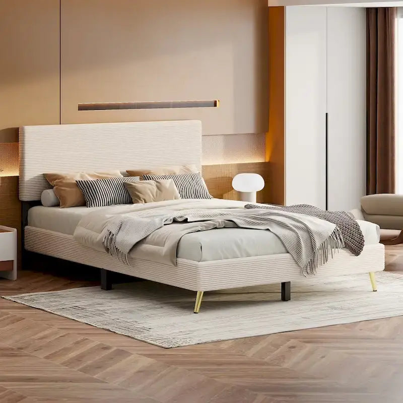 Cadre de lit plateforme Queen en bois avec tête de lit à rayures horizontales, sommier tapissier avec lattes en bois, aucun sommier tapissier requis