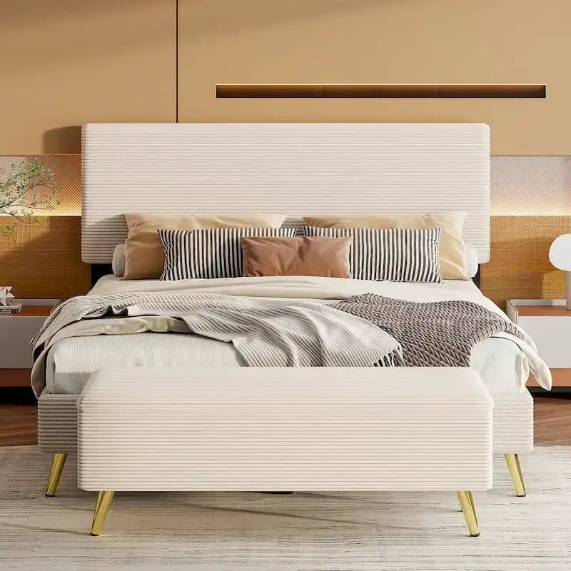 Cadre de lit plateforme Queen en bois avec tête de lit à rayures horizontales, sommier tapissier avec lattes en bois, aucun sommier tapissier requis