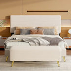 Cadre de lit plateforme Queen en bois avec tête de lit à rayures horizontales, sommier tapissier avec lattes en bois, aucun sommier tapissier requis