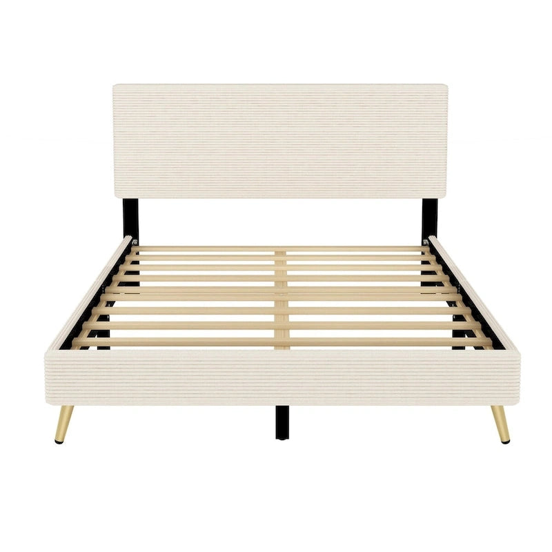 Cadre de lit plateforme Queen en bois avec tête de lit à rayures horizontales, sommier tapissier avec lattes en bois, aucun sommier tapissier requis