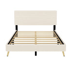 Cadre de lit plateforme Queen en bois avec tête de lit à rayures horizontales, sommier tapissier avec lattes en bois, aucun sommier tapissier requis
