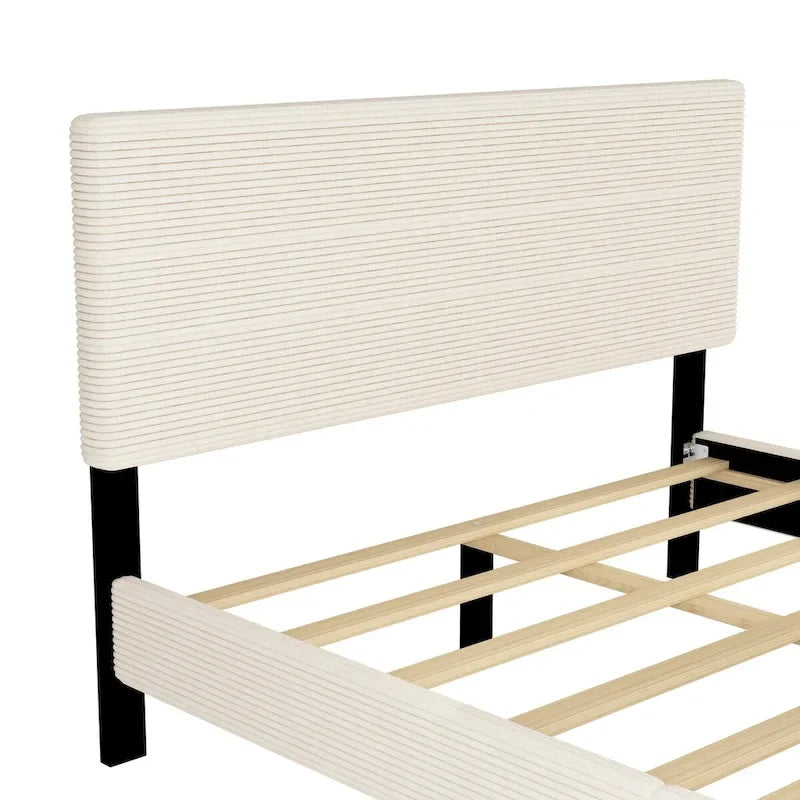 Cadre de lit plateforme Queen en bois avec tête de lit à rayures horizontales, sommier tapissier avec lattes en bois, aucun sommier tapissier requis