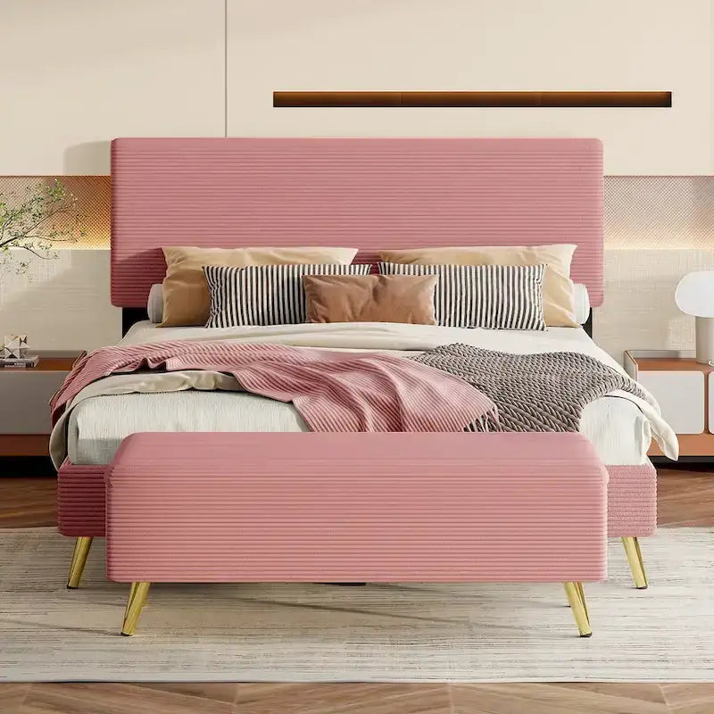 Cadre de lit plateforme Queen en bois avec tête de lit à rayures horizontales, sommier tapissier avec lattes en bois, aucun sommier tapissier requis