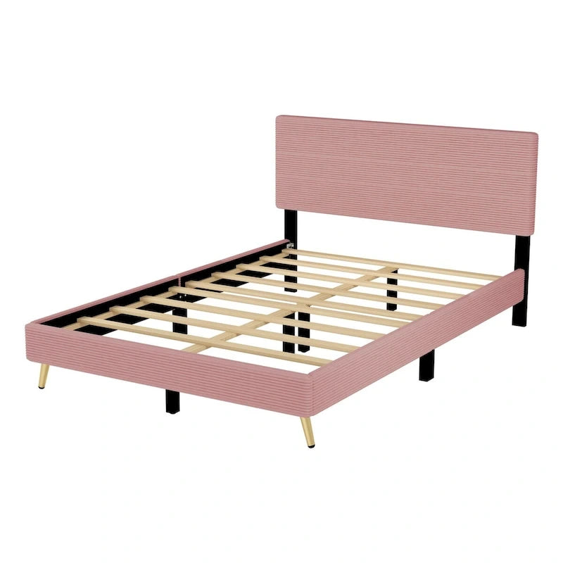 Cadre de lit plateforme Queen en bois avec tête de lit à rayures horizontales, sommier tapissier avec lattes en bois, aucun sommier tapissier requis