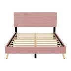 Cadre de lit plateforme Queen en bois avec tête de lit à rayures horizontales, sommier tapissier avec lattes en bois, aucun sommier tapissier requis