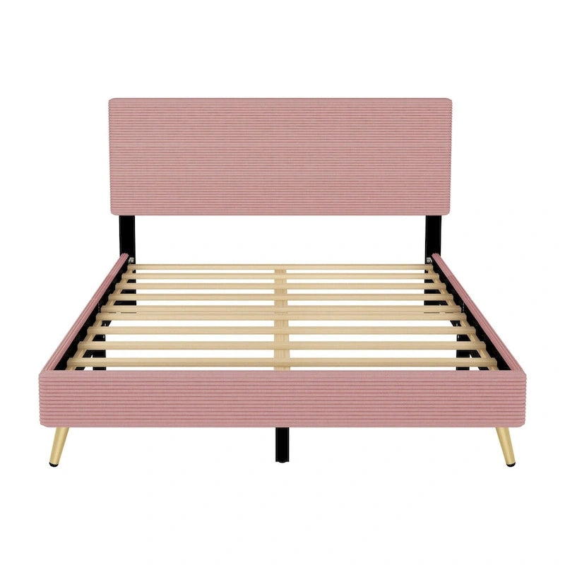 Cadre de lit plateforme Queen en bois avec tête de lit à rayures horizontales, sommier tapissier avec lattes en bois, aucun sommier tapissier requis