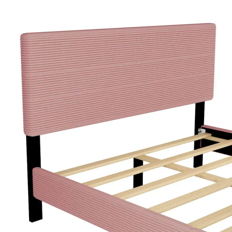 Cadre de lit plateforme Queen en bois avec tête de lit à rayures horizontales, sommier tapissier avec lattes en bois, aucun sommier tapissier requis