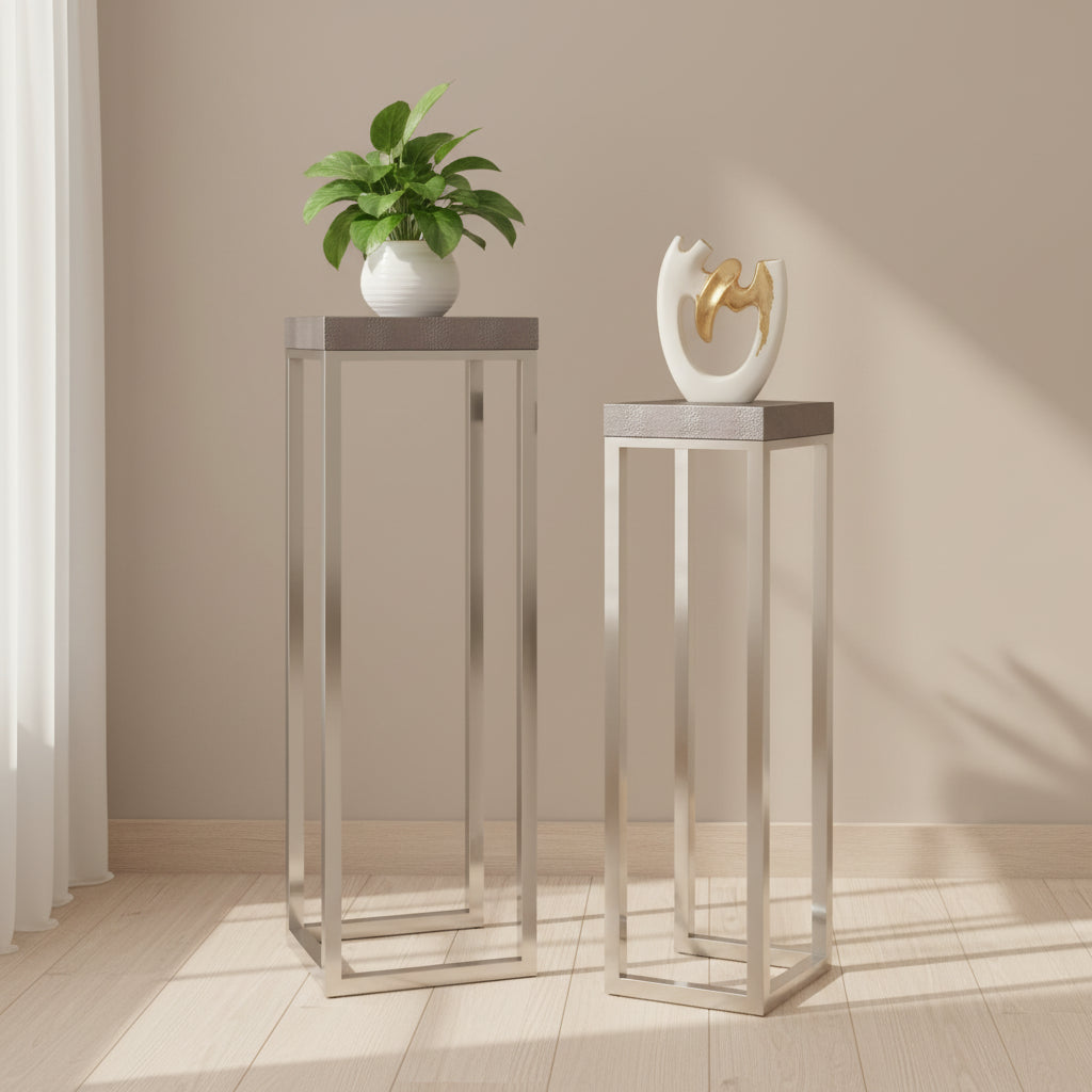 Empire Art Direct Silver Faux Lizard Leather Tall Nesting Tables (Set of 2) - 12 x 38