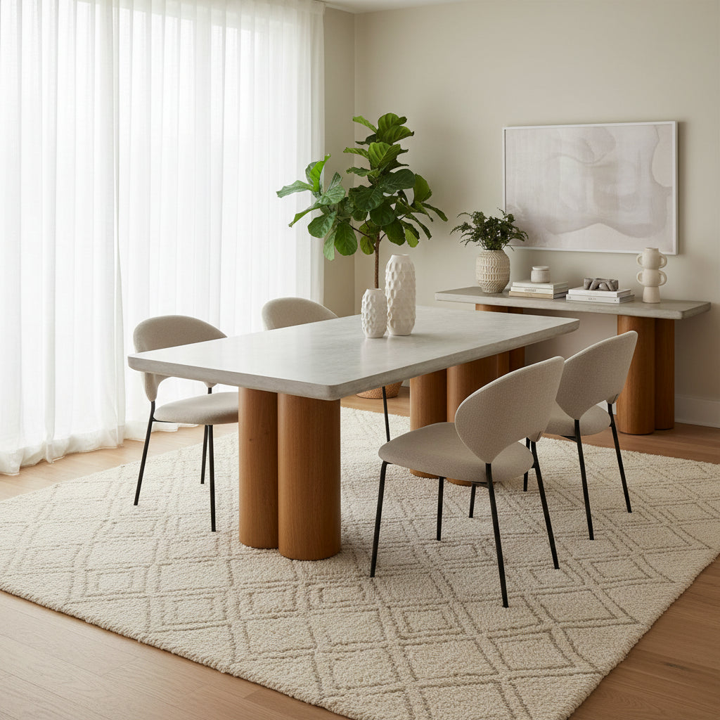 Cid Ziv 71 Inch Dining Table, Rectangular Gray Faux Concrete, Pillar Base