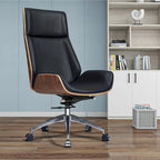 Fauteuil de bureau de direction haut dossier en cuir véritable et bois de noyer massif